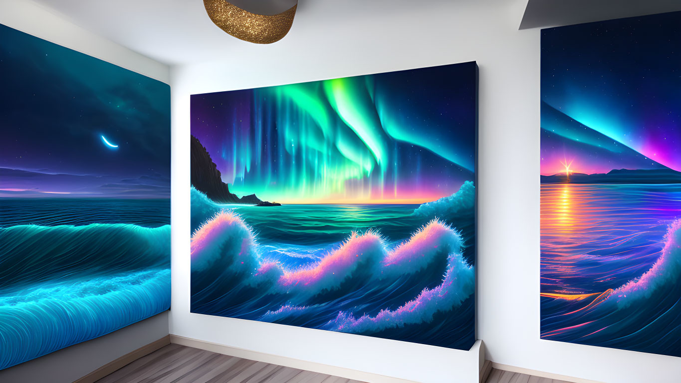 Ocean Scene Under Aurora Borealis in Vibrant Room