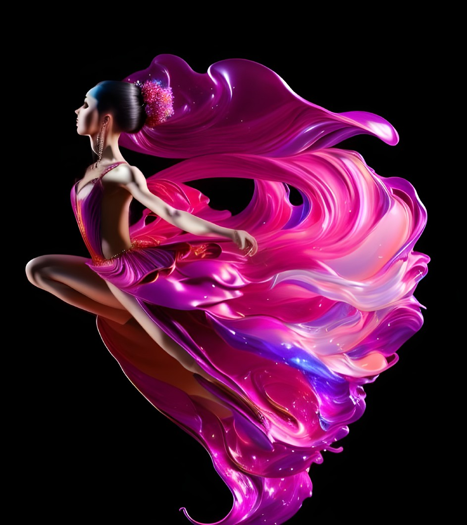 Elegant woman in flowing pink dress dances against colorful background