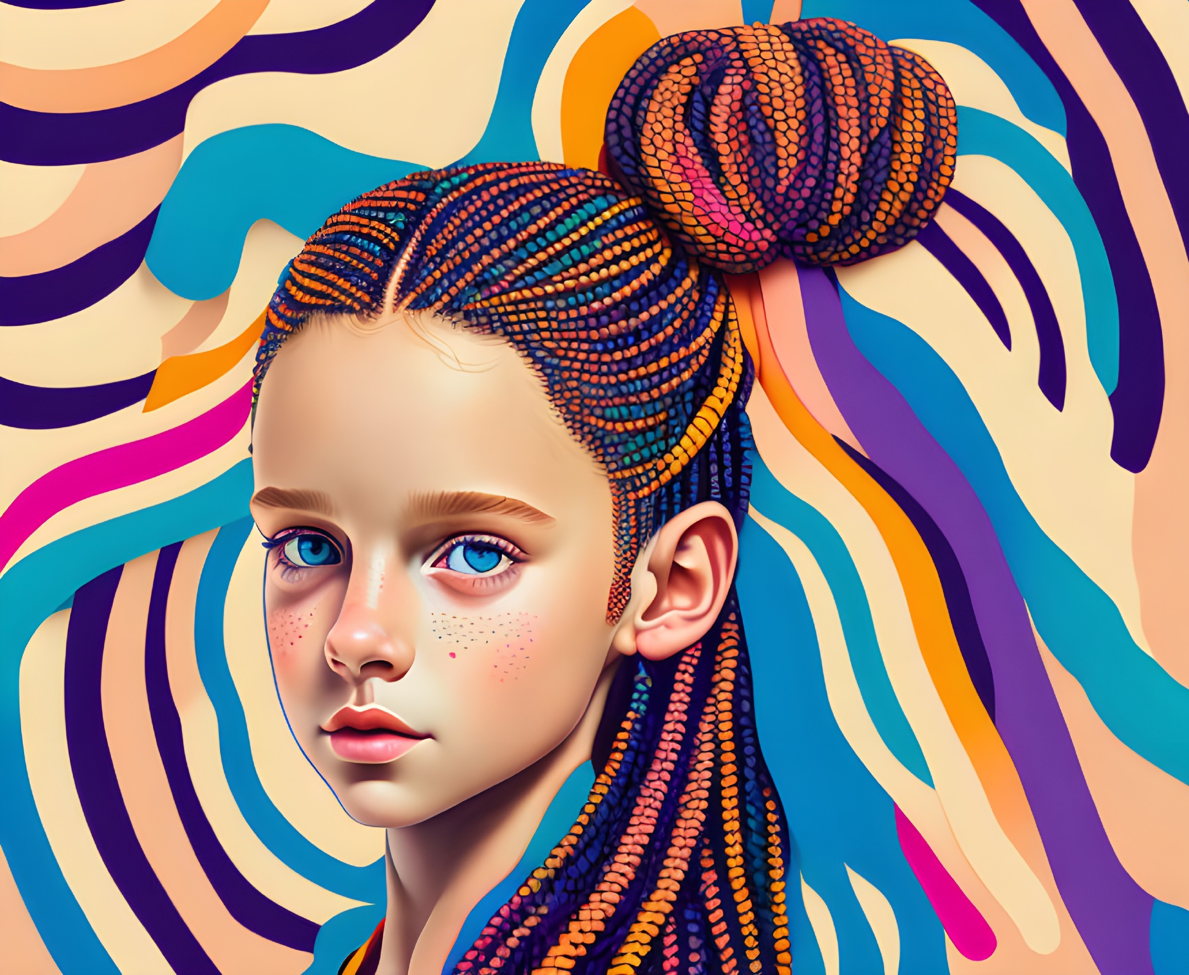 Colorful Braided Hair Girl Illustration on Vibrant Background