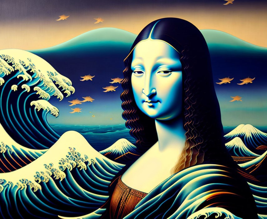 Fusion of Mona Lisa and The Great Wave in Surreal Art