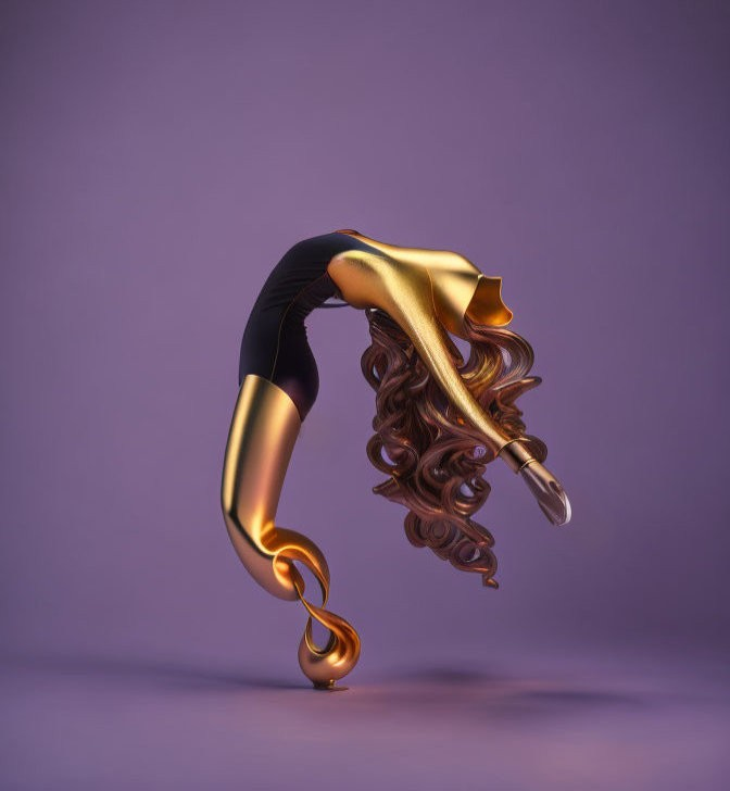 Stylized 3D rendering of gold and black female figure in dynamic pose on purple background