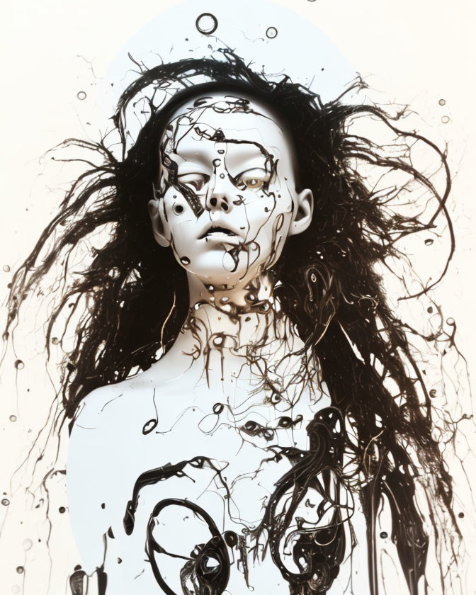 Surreal portrait of a mannequin-like figure with black ink splatters