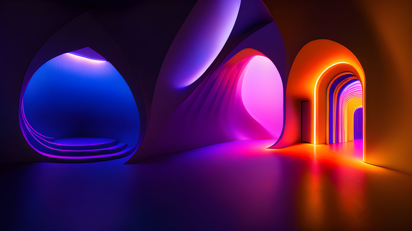 Futuristic corridor with neon purple and orange walls leading to illuminated archway