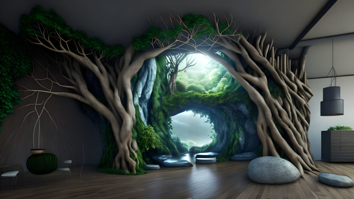 Nature-inspired indoor space with large tree replicas, floating seats, and soft lighting