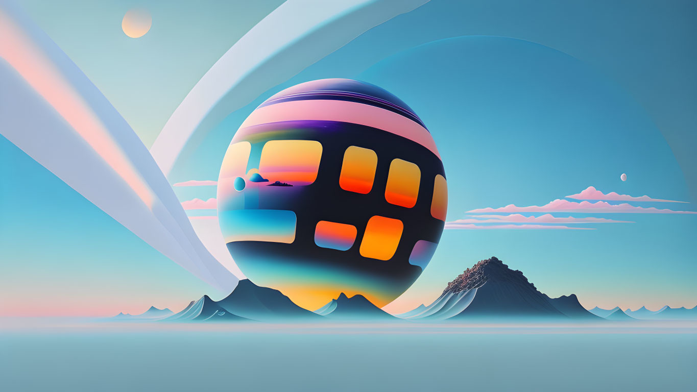 Surreal landscape with floating spherical structure, ringed planets, pastel skies, and silhou