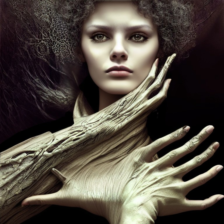 Surreal portrait of woman merging with tree elements and wooden textures.