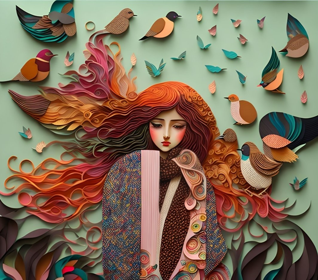 Colorful Illustration: Woman with Red Hair and Birds