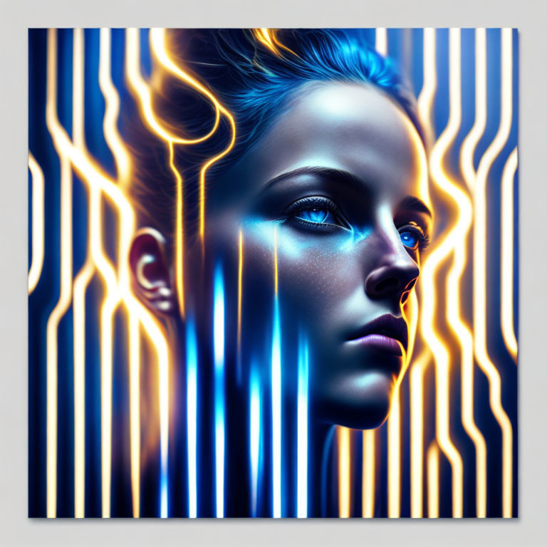 Futuristic blue neon light effects on woman's profile