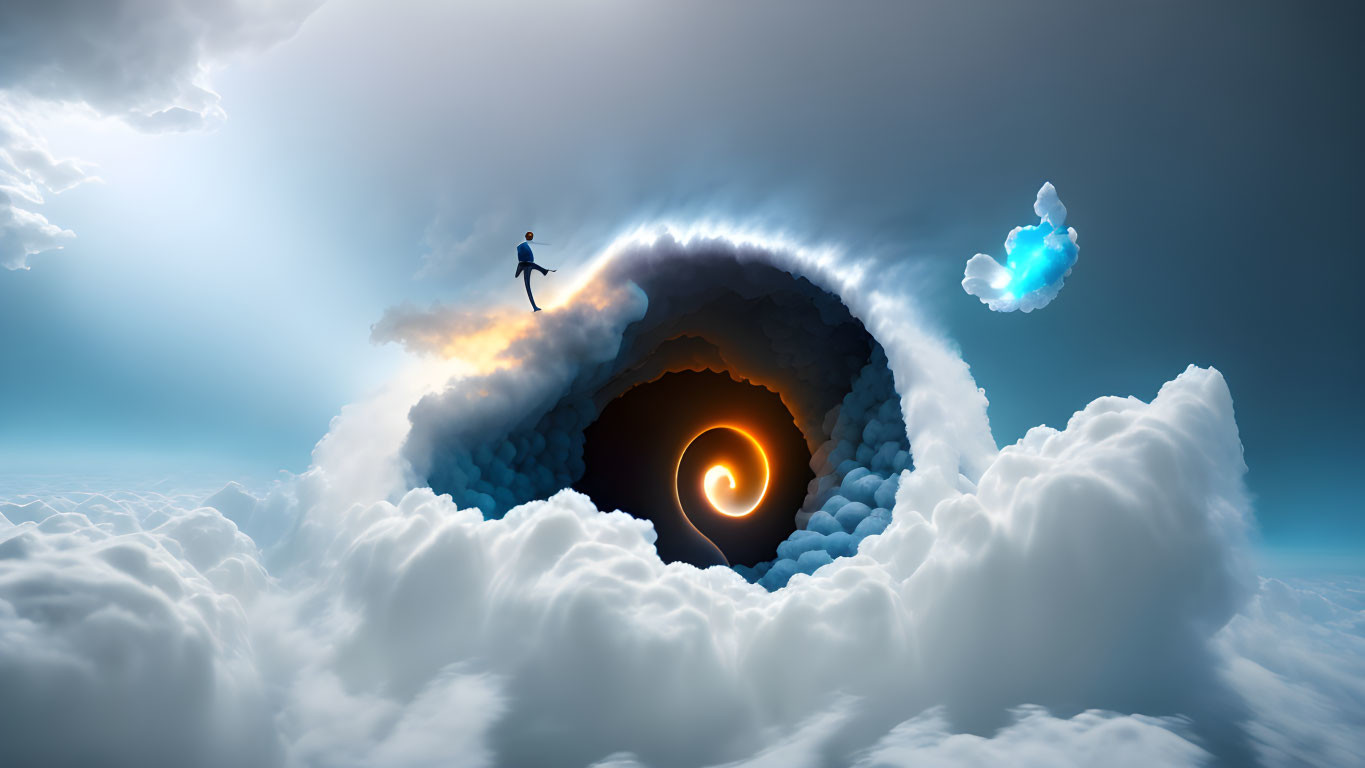 Person at Edge of Cloud Tunnel with Fiery Spiral Core and Luminous Butterfly