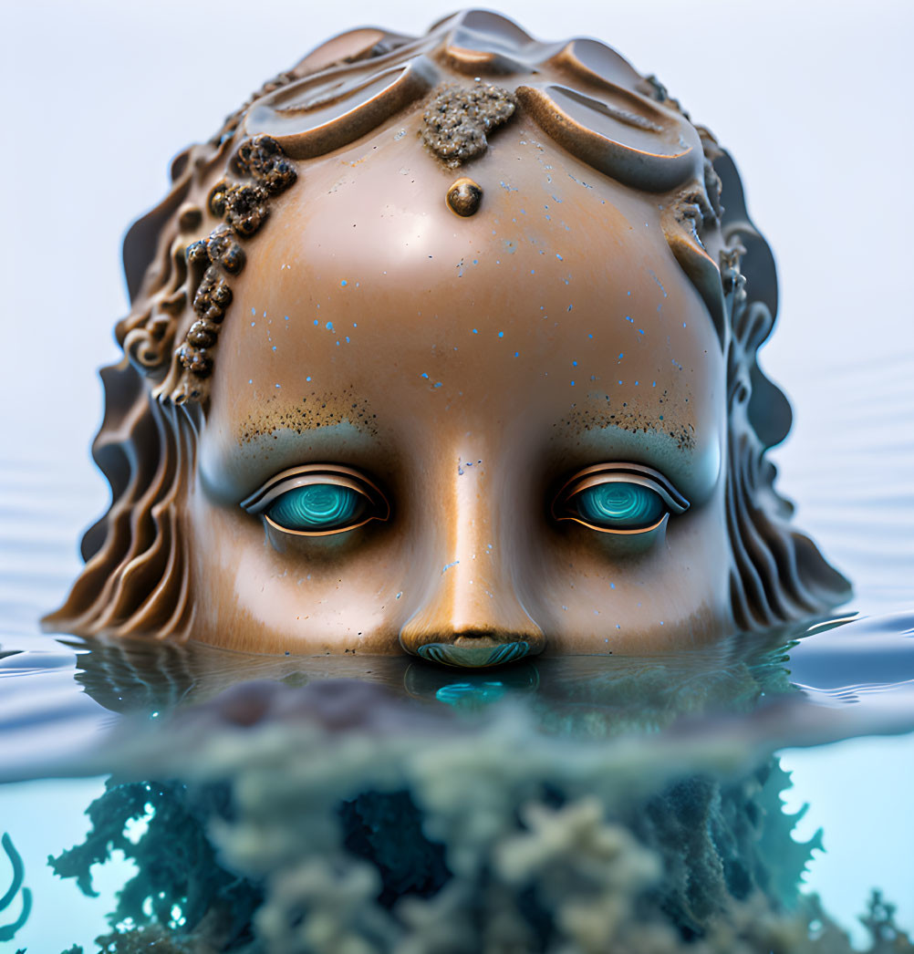 Surreal partial humanoid face with blue eyes in water with reflection and coral textures