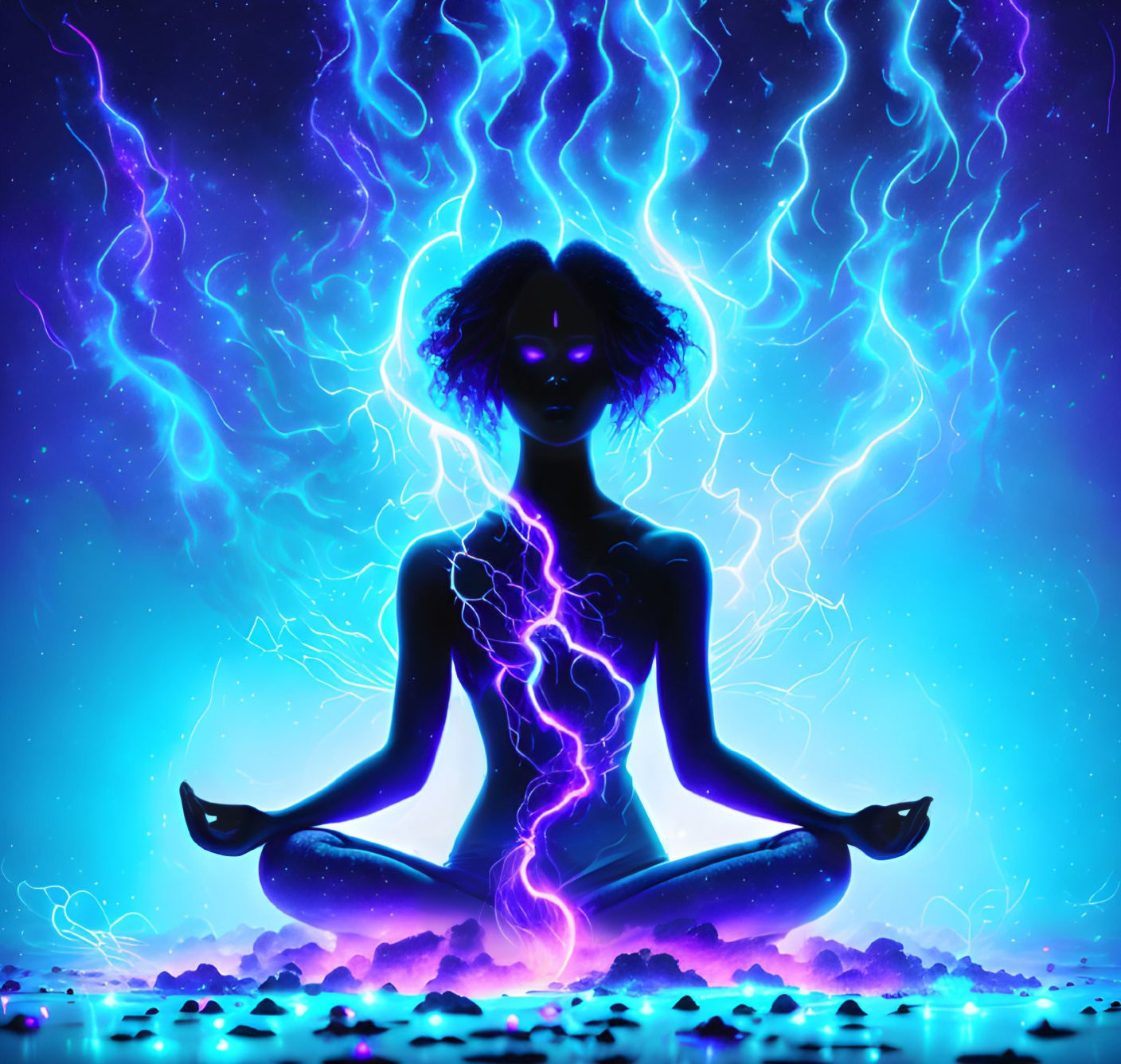 Colorful Meditation Illustration with Lotus Pose and Cosmic Background