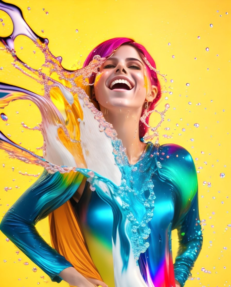 Vibrant pink hair woman laughs in colorful liquid splash scene