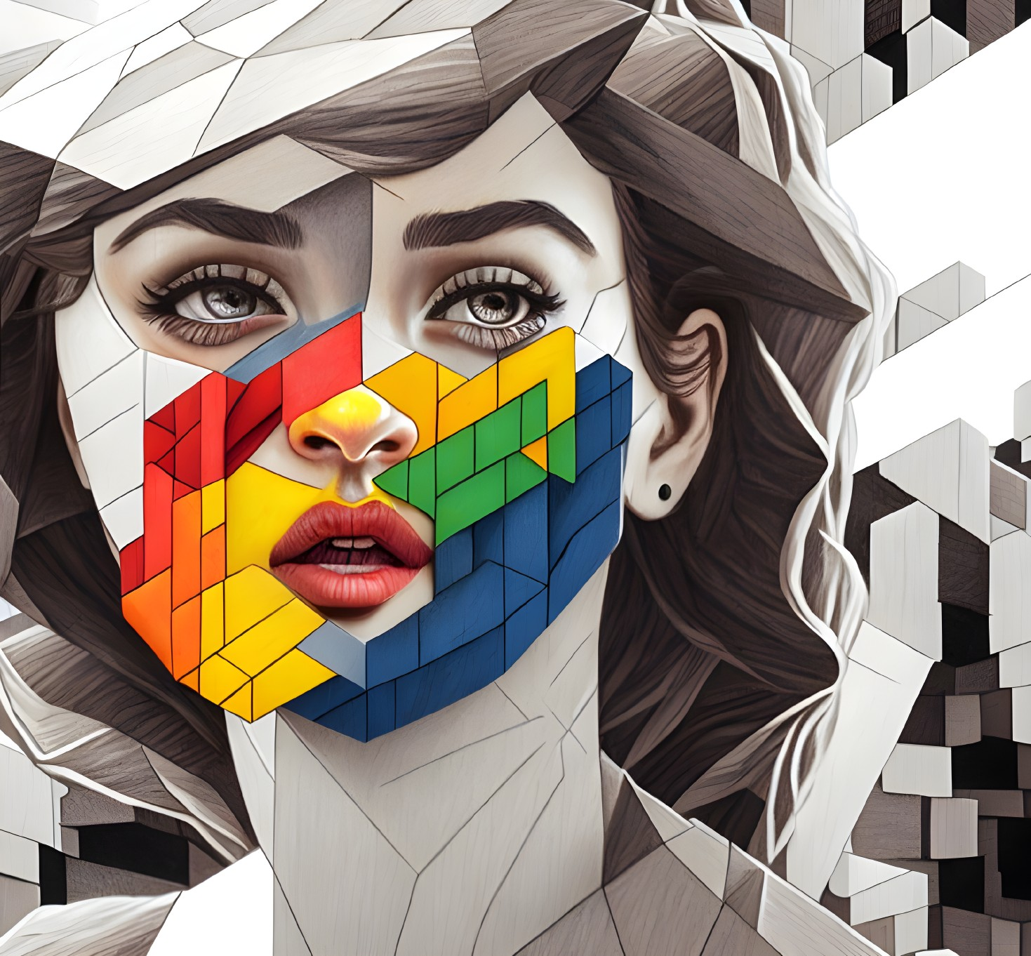 Digital artwork: Woman's face with Rubik's Cube pattern, monochrome cubic background