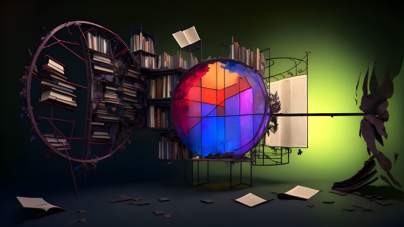 Colorful orb surrounded by book rings in abstract 3D composition