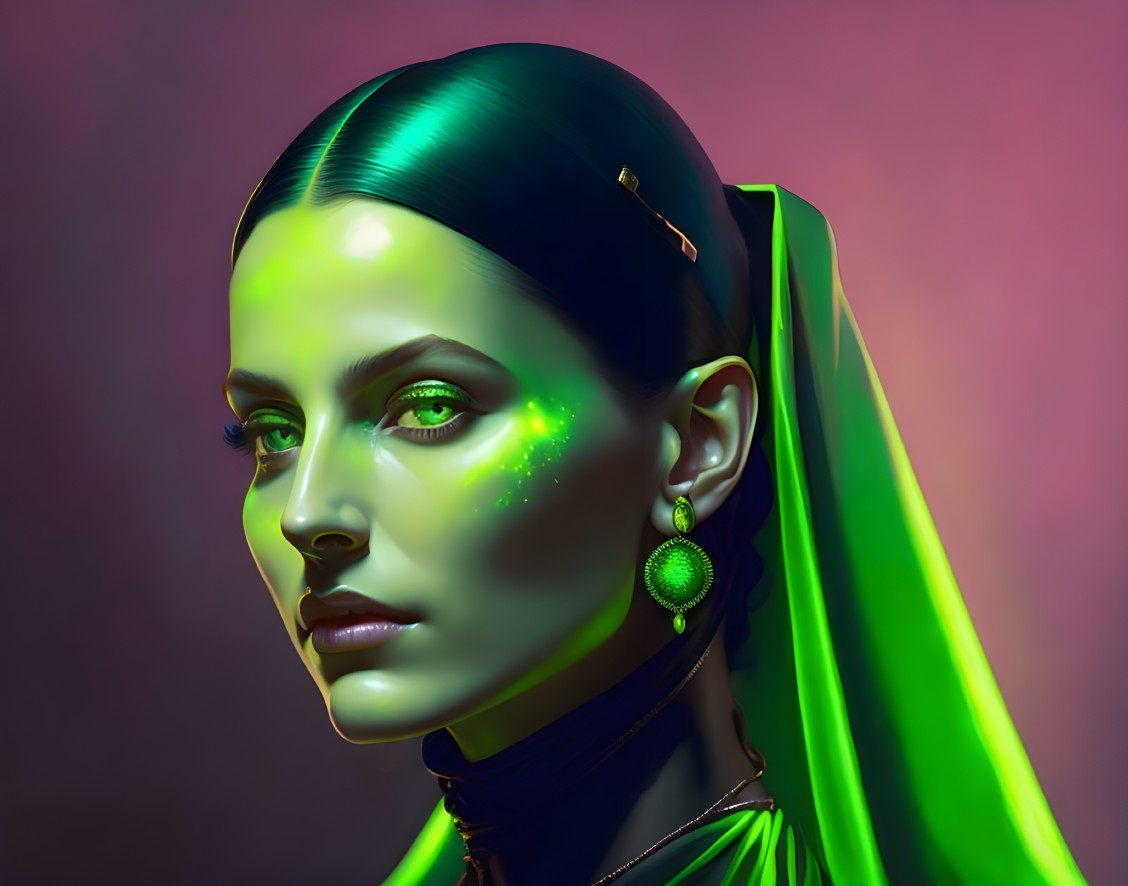 Digital Artwork: Woman with Green Glowing Makeup on Pink-Purple Background