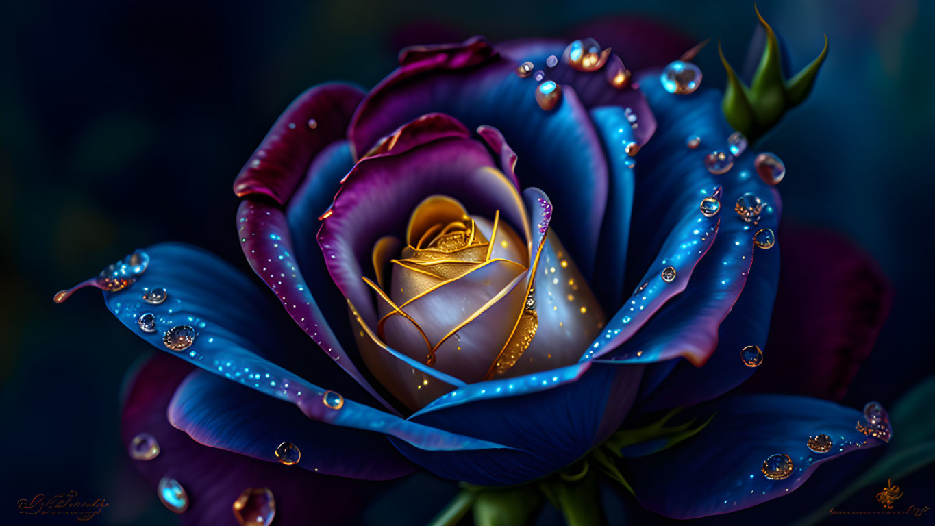 Colorful Digital Artwork: Blue and Purple Rose with Dewdrops