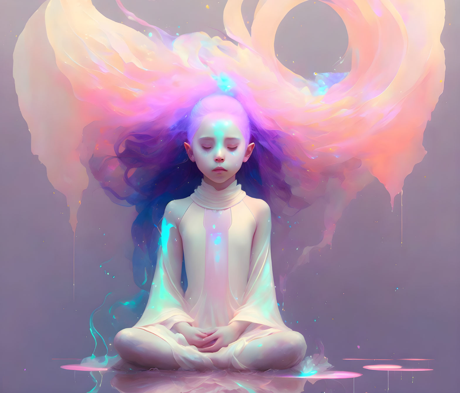 Purple-haired figure meditates with glowing wings in surreal setting