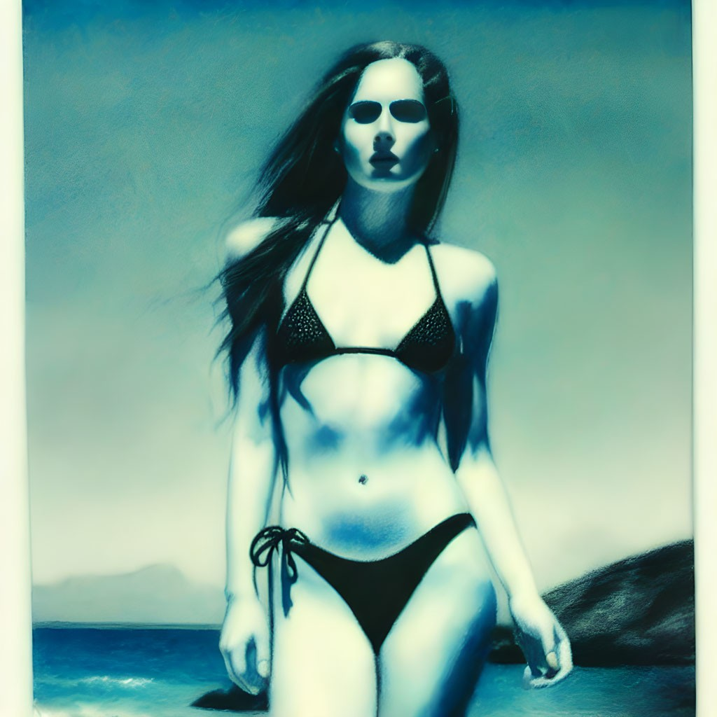 Woman in bikini on beach with ethereal blue hues and mountains in background