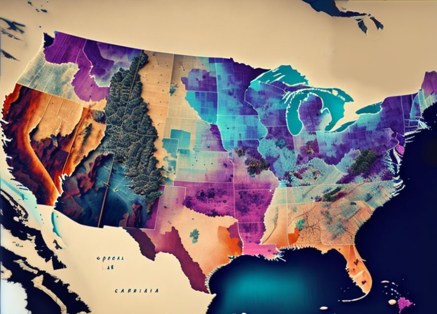 Vivid Topographic Map of United States with Colorful Elevation Changes