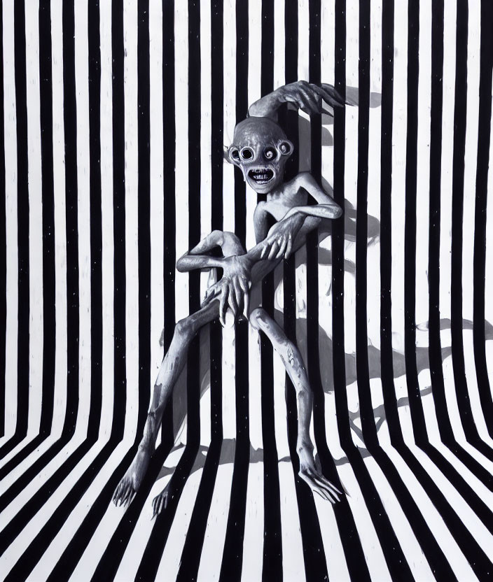 Eerie alien-like figure with oversized eyes against black-and-white striped backdrop