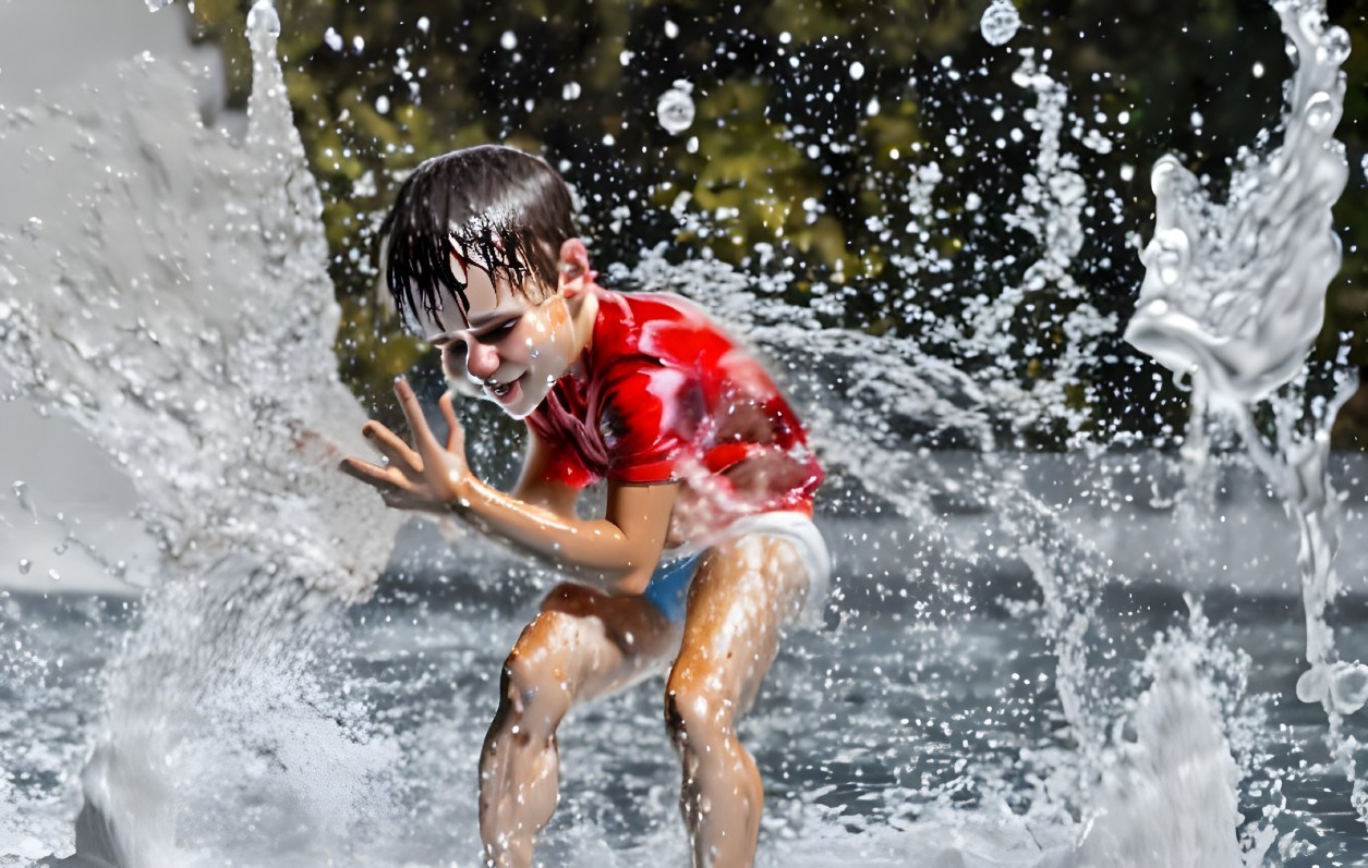 Child in Red Shirt Splashing Water in Nature Background