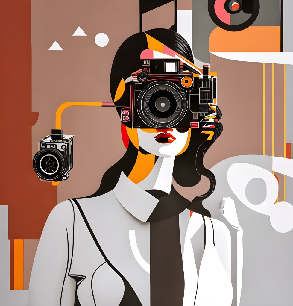 Stylized woman with vintage camera face on abstract geometric background