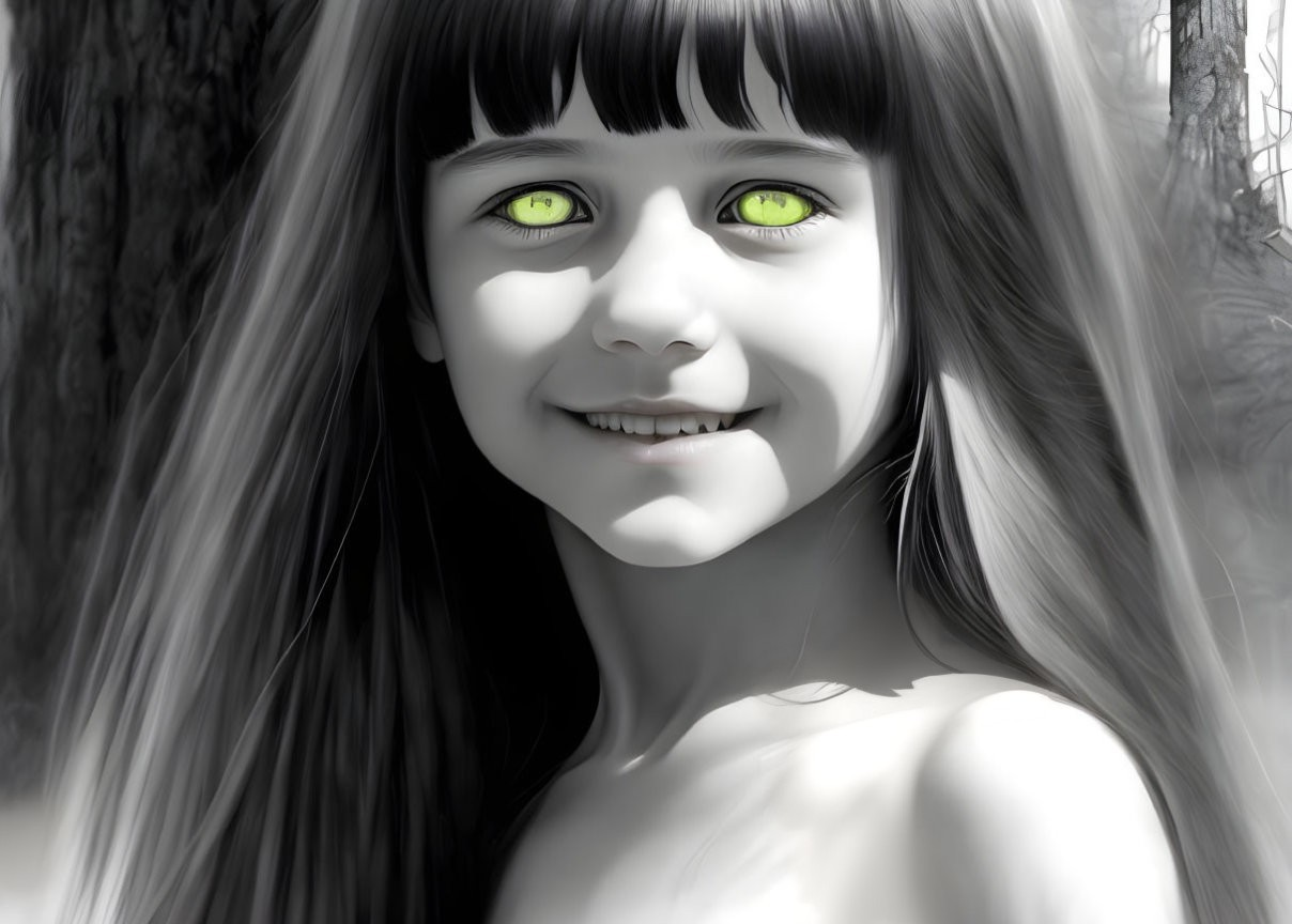 Smiling young girl with green eyes in monochrome portrait