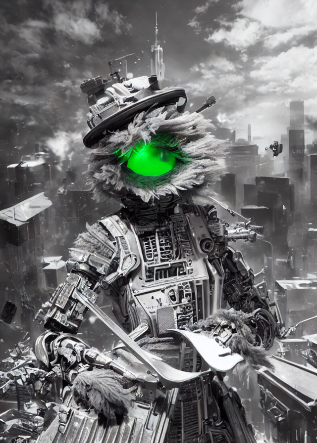 Futuristic cybernetic creature in green eye outfit amidst dystopian cityscape