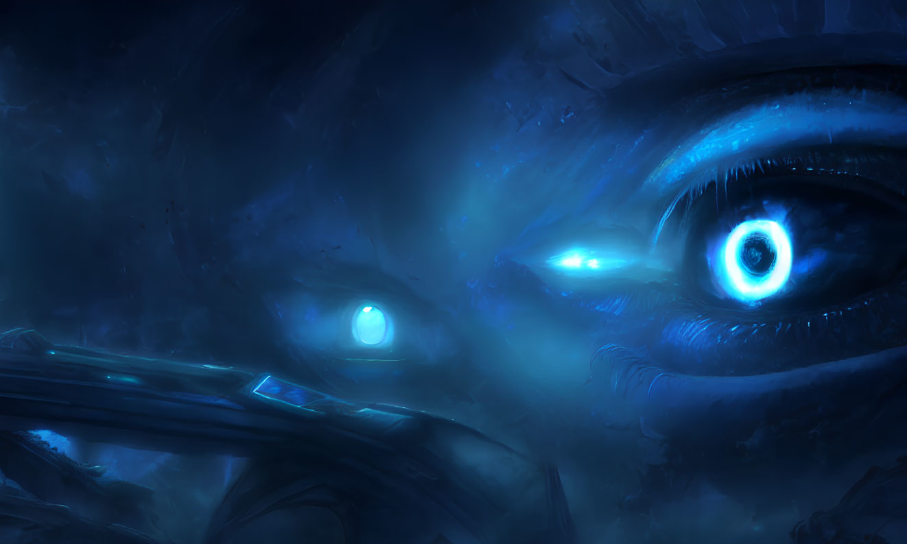 Futuristic blue glowing eye digital artwork with neon details