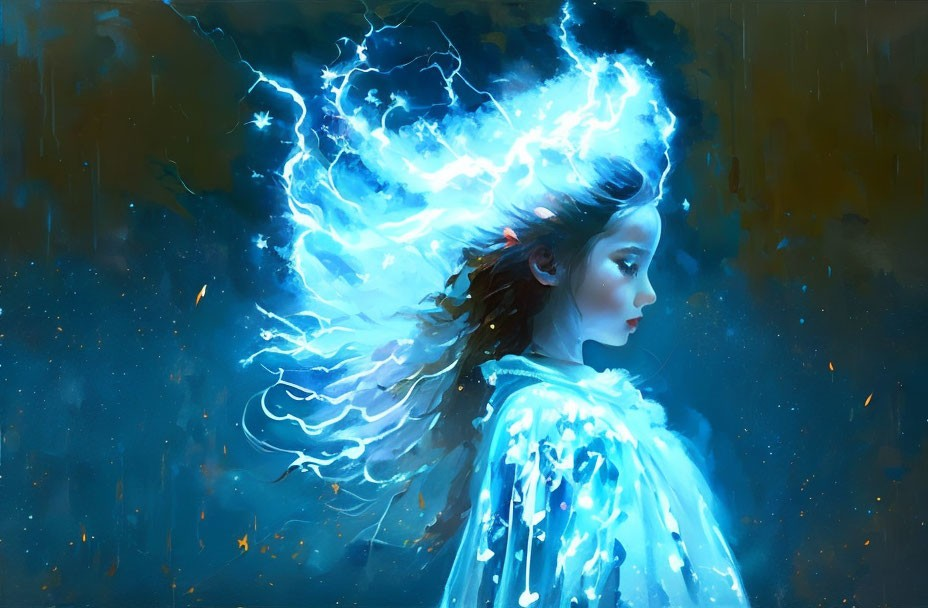 Ethereal girl with glowing blue galaxy hair on starry backdrop