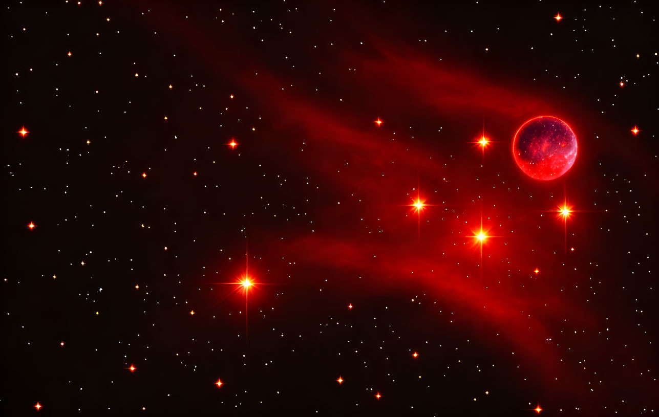 Red Nebula and Stars in Cosmic Scene: Red Sphere in Dark Space