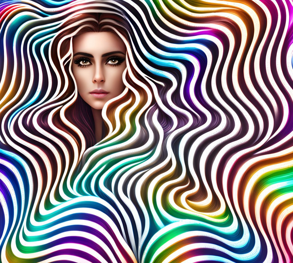 Colorful Woman's Face in Vibrant, Wavy Background