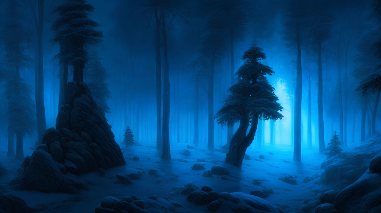 Mystical blue forest with towering trees and foggy glow