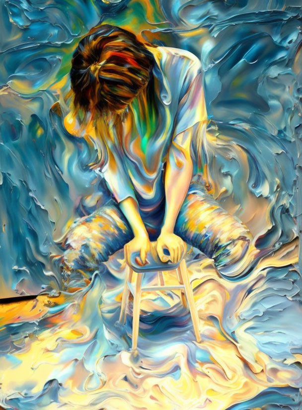 Abstract painting with obscured figure on stool in blue, yellow, and orange hues