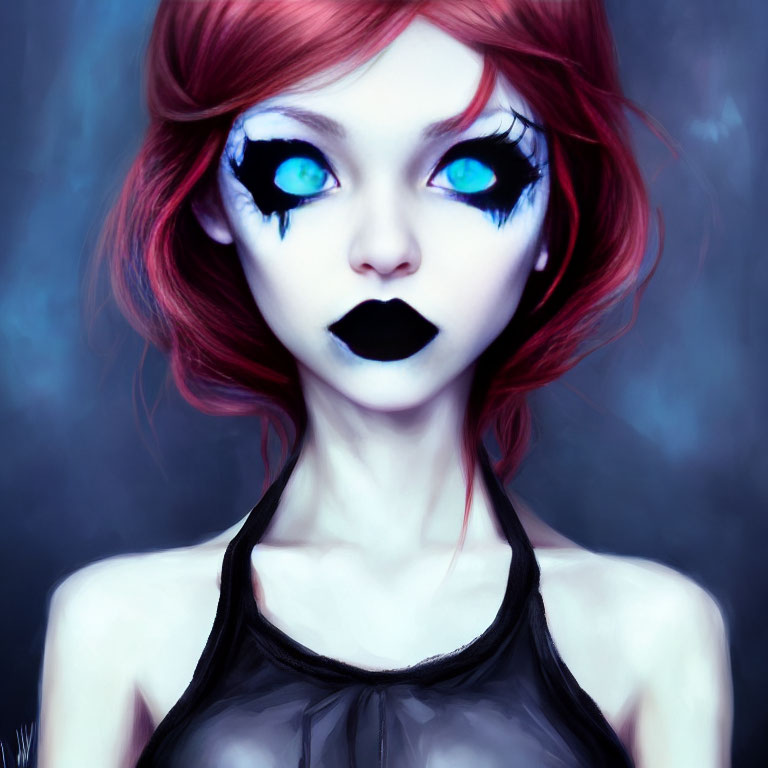 Illustration of girl with blue eyes, black lipstick, red hair on dark backdrop