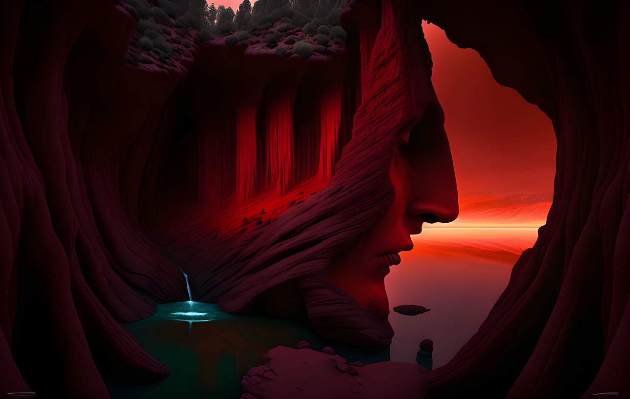 Cave with Waterfall, Blue Pool, and Face Silhouette under Red Sunset Sky