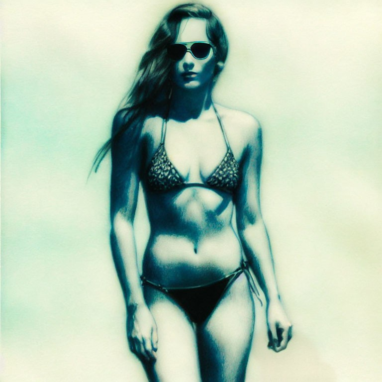 Stylized image of woman in sunglasses and swimsuit posing