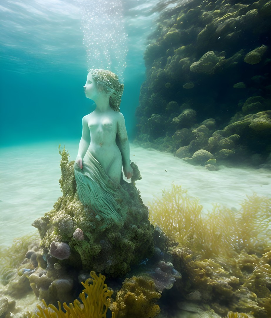 Underwater Scene with Mermaid Statue, Coral, and Marine Vegetation