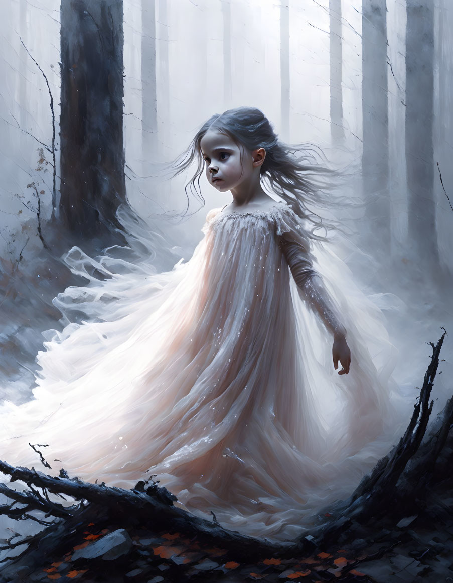 Young girl in ethereal gown in misty, monochromatic forest