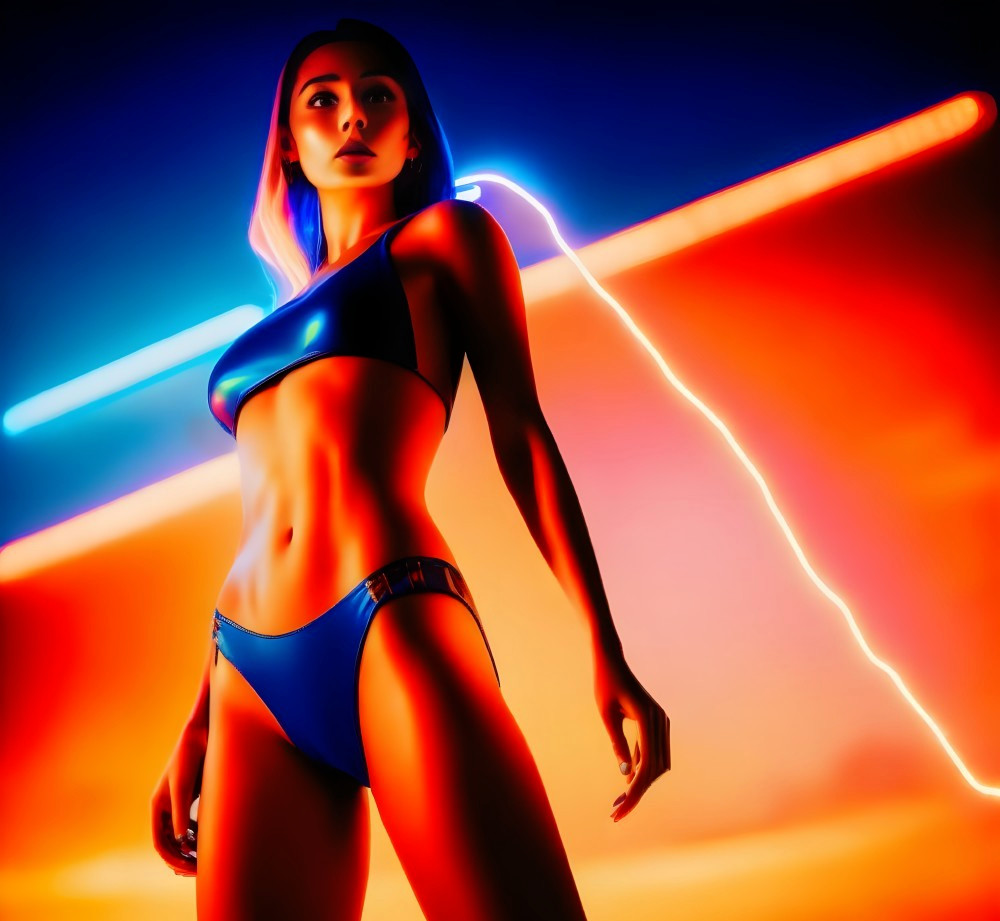 Woman in Blue Swimwear Poses Against Dynamic Neon Background