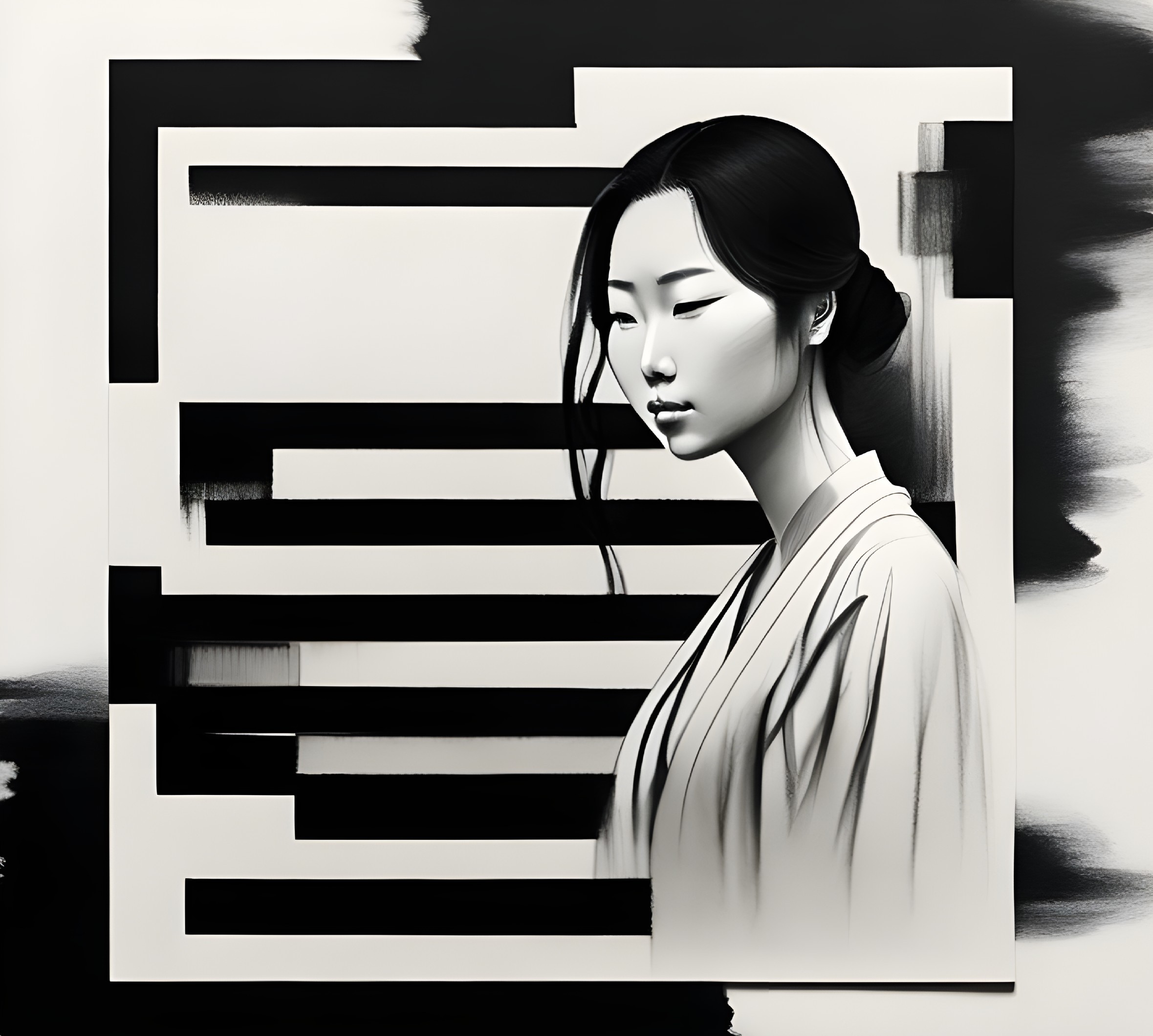 Monochromatic artwork featuring serene young woman on abstract geometric background