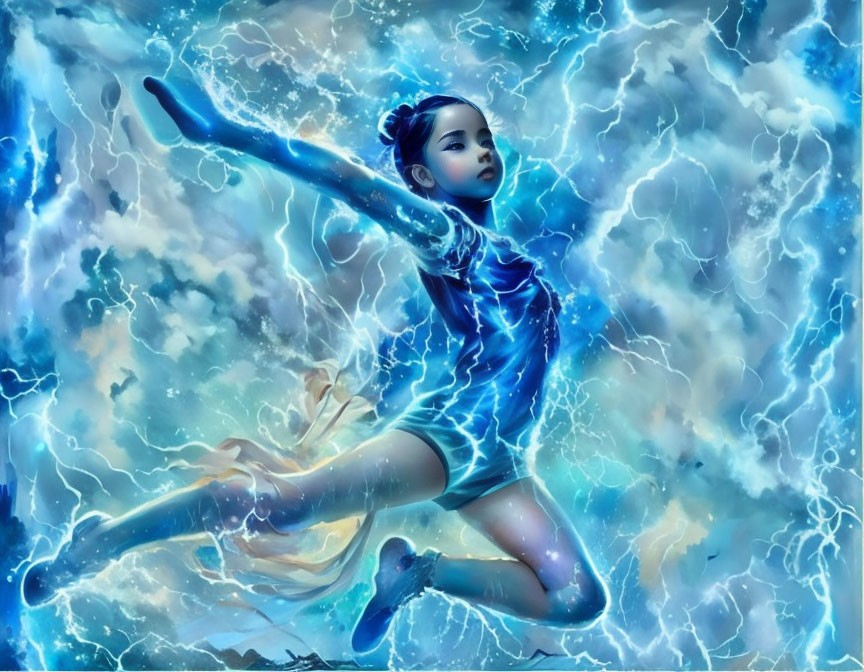 Digital artwork: Girl in blue ballet dress dances in surreal water and lightning setting