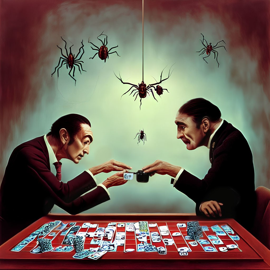 Identical men with elongated faces playing cards under hanging spiders