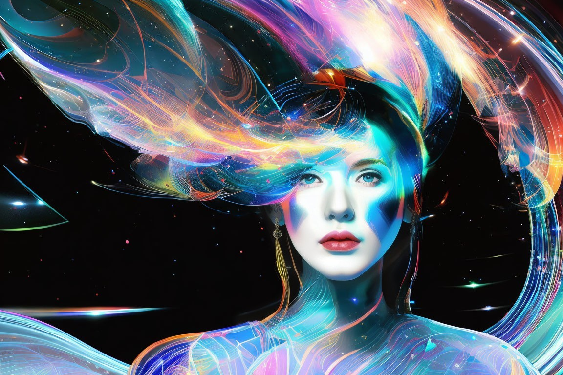 Multicolored cosmic swirls surrounding woman on starry background