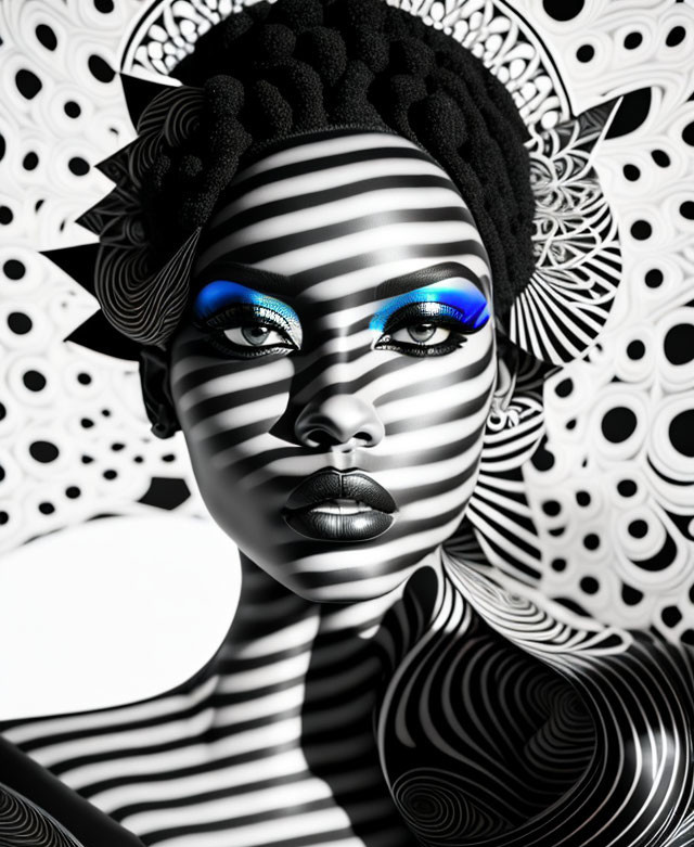 Monochromatic artwork featuring woman with patterned shadows and vibrant blue eyeshadow