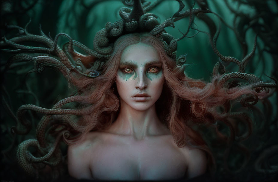 Medusa-like Figure with Serpents and Green Eyes in Mystical Forest