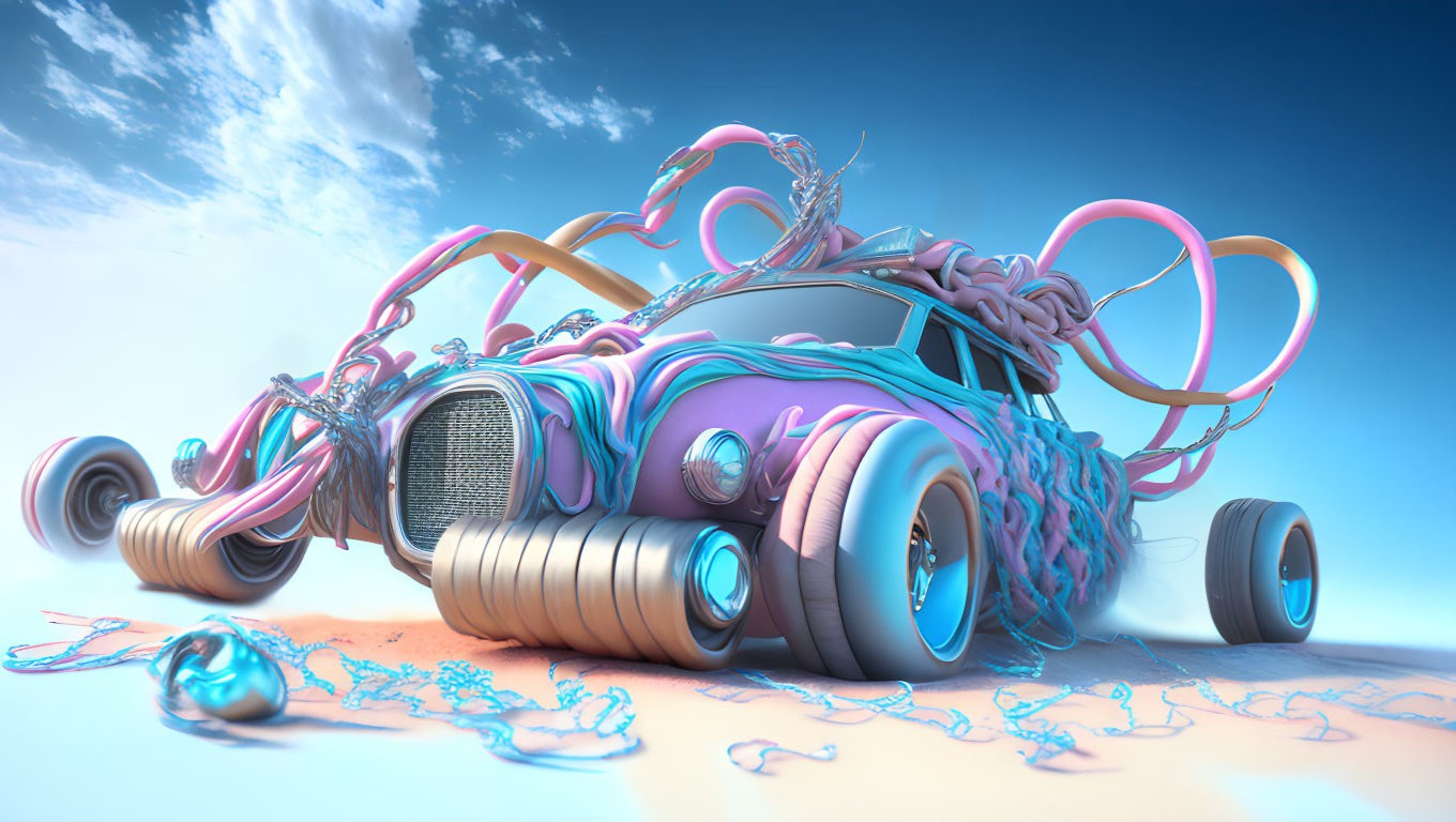 Colorful 3D-rendered car with pastel colors and fluid shapes