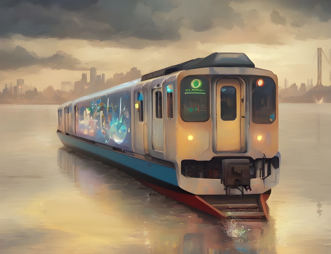 Futuristic train over water at sunset with city skyline and illuminated bridge