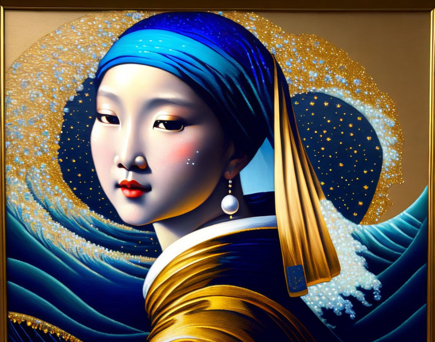 Colorful painting of woman in blue headscarf and golden attire with starry night sky swirls