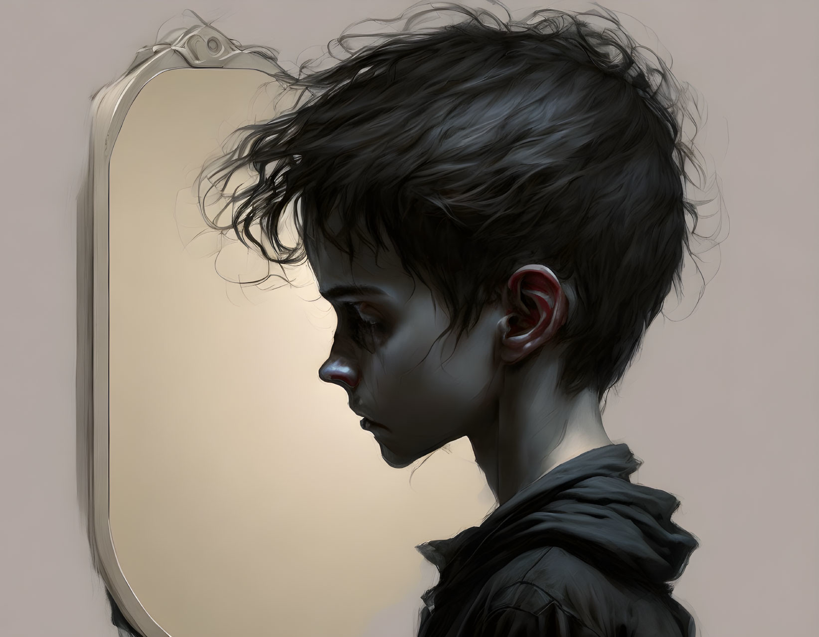 Child with Dark Hair in Profile Reflecting in Oval Mirror - Digital Painting